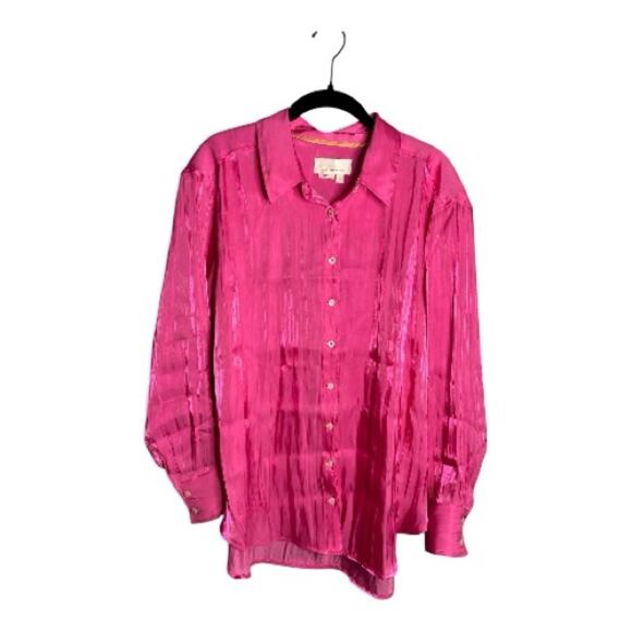 Anthropologie Tops - Anthropologie Bright Pink Shimmery Long Sleeve Button Front Blouse Medium